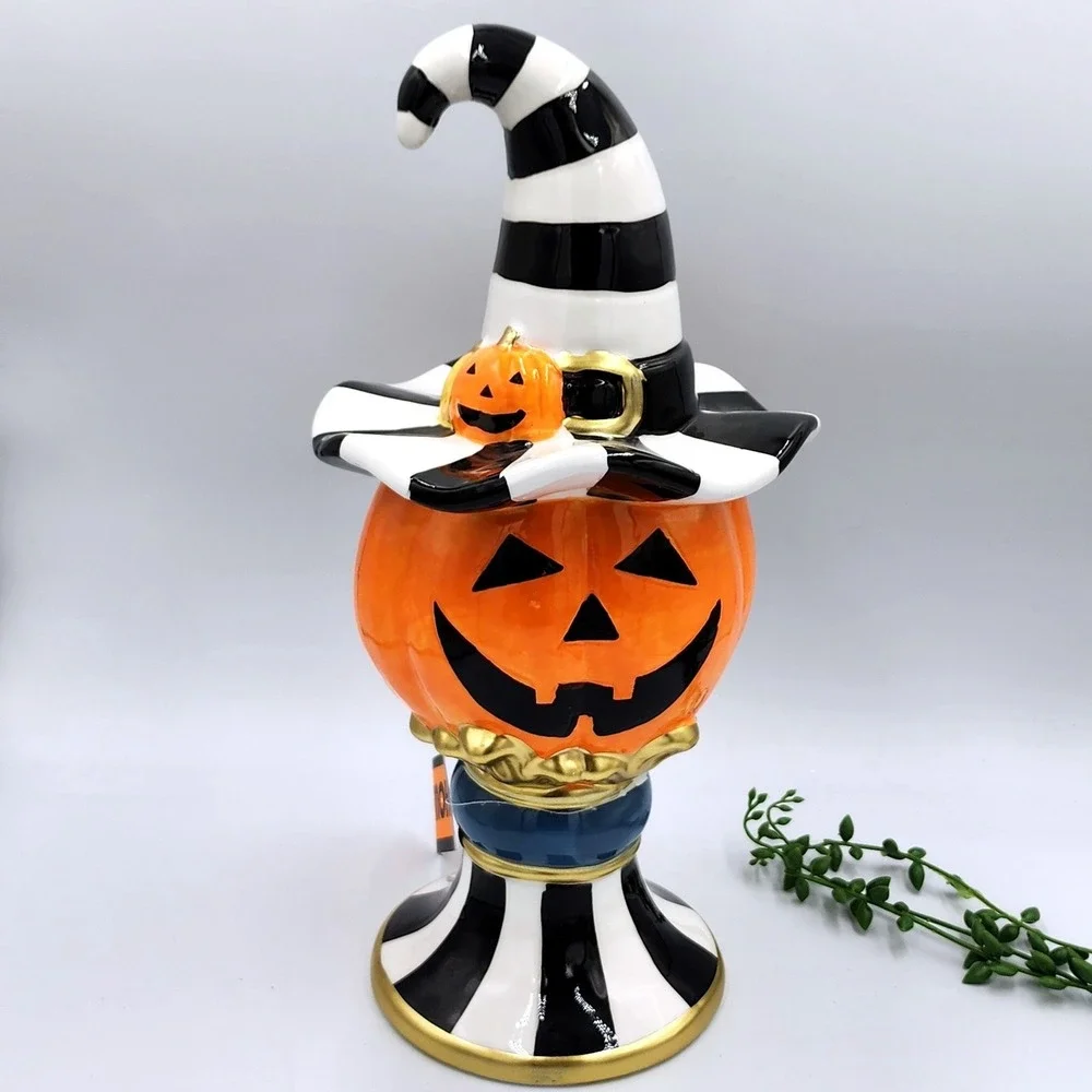Ghoulish Pumpkin Pedestal Figurine Halloween Black White Striped Witch 14